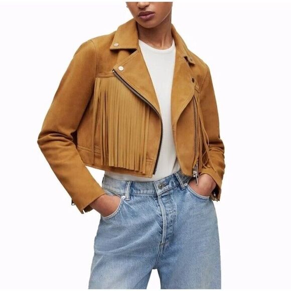All Saints Tassel Fringe Cropped Genuine Suede Leather Biker Jacket sz 2 US - Picture 1 of 16
